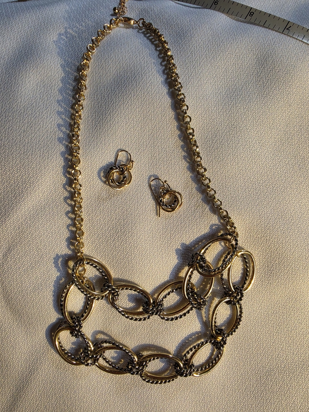 Gold And Silver-Tone Linked Oval Necklace and Earrings Set